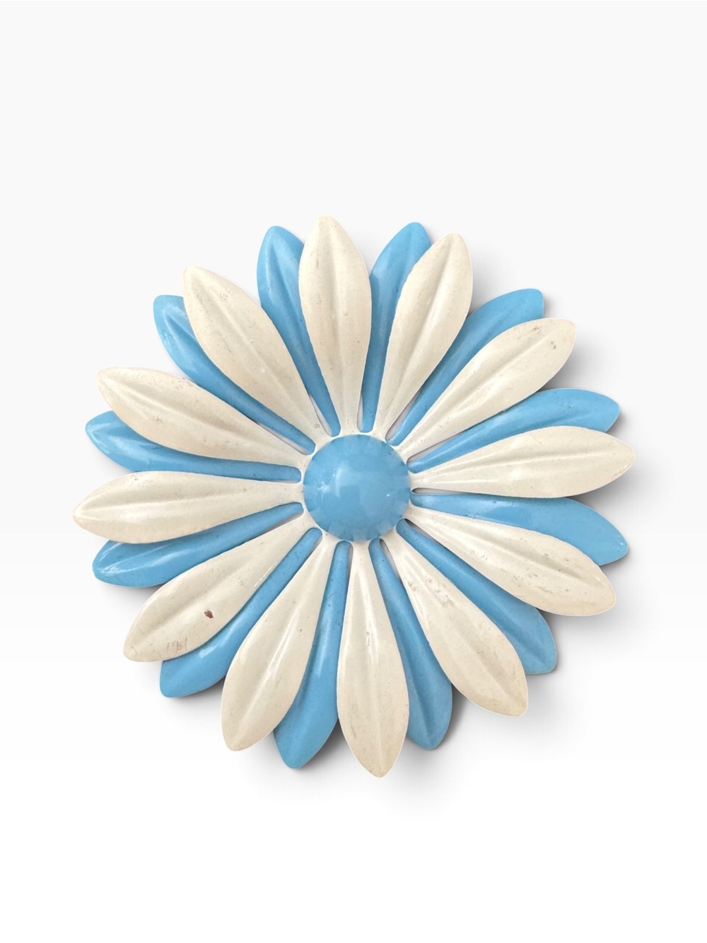 60s Vintage Flower Pin Baby Blue White Cotton Candy Metal Flower Mod Enamel 2.5”